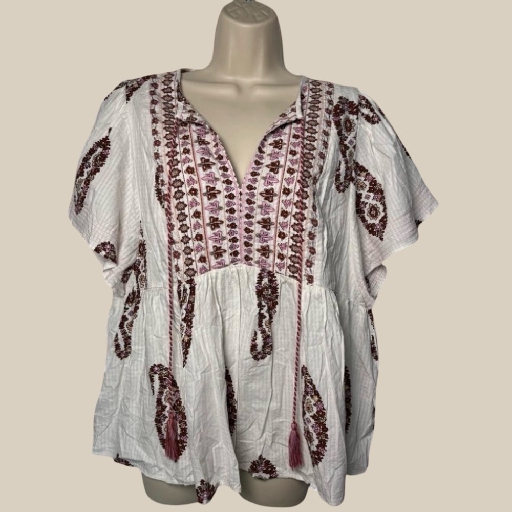 Knox Rose Women’s Cotton White Paisley Tassel Bohemian V Neck Top Size Large NWT